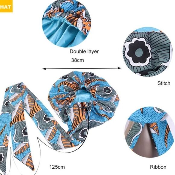 African Print Satin Bonnet With Long Ribbon Wrap - Picture 5 of 10